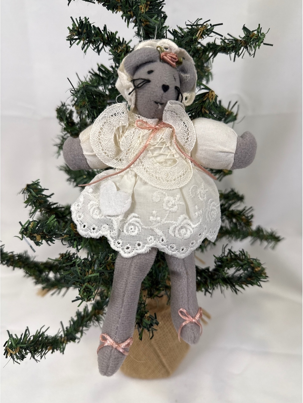 Vintage Handmade Gray Cat Doll with White Lace Dress